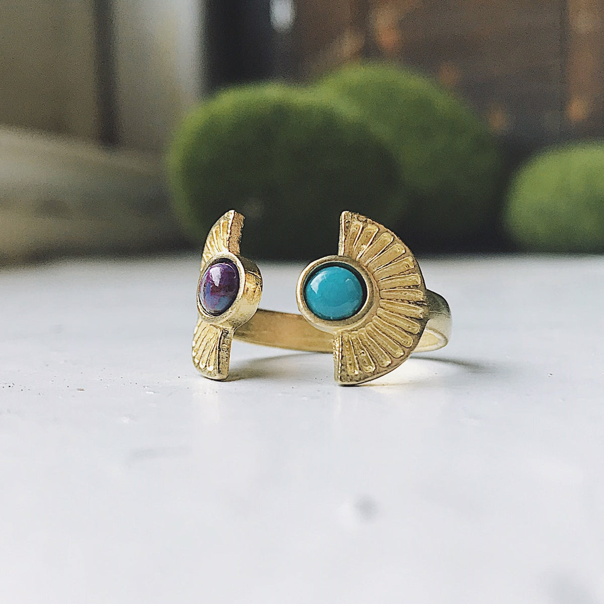 CLEARANCE Dawn to Dusk - Two Stone Turquoise Boho Sunburst Ring