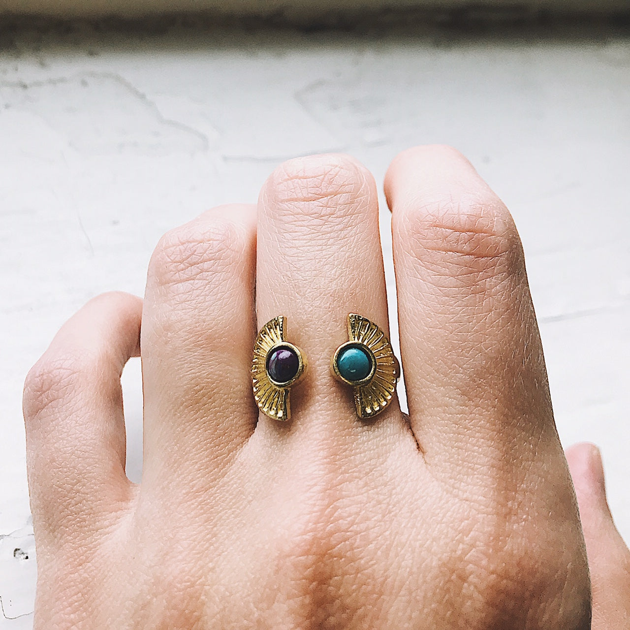 CLEARANCE Dawn to Dusk - Two Stone Turquoise Boho Sunburst Ring