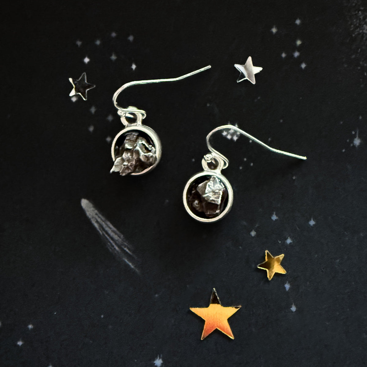 Small Round Raw Meteorite Dangle or Stud Earrings