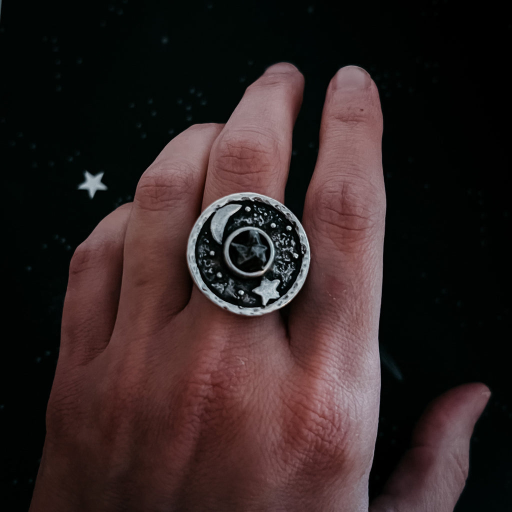 Night Sky Ring with Raw Meteorite