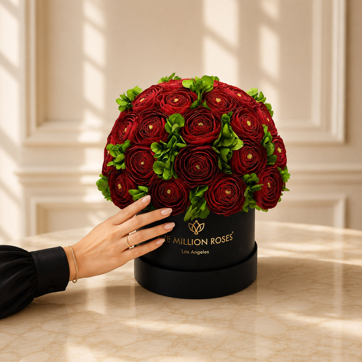 Classic Black Box | Red Persian Buttercups & Green Hydrangeas